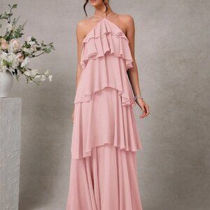 Pink Elegant Women's Wedding Guest Halter Tiered Chiffon Maxi Dress